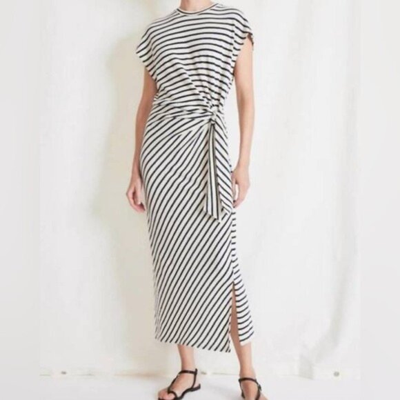 APIECE APART VANINA CINCHED WAIST CREAM BLACK STRIPE MAXI DRESS WOMENS XS - Picture 1 of 14